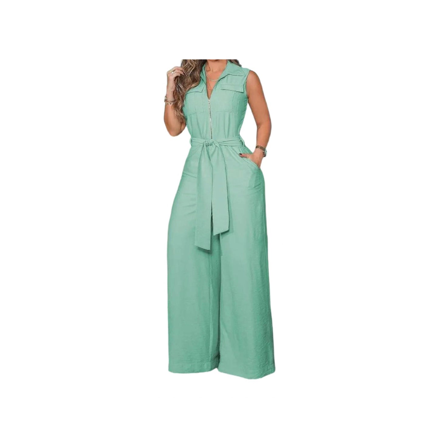 GREEN ZIPPER FRONT WIDE LEG JUMPSUIT