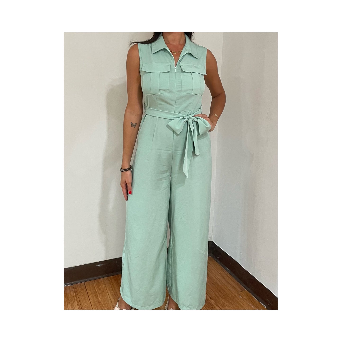 GREEN ZIPPER FRONT WIDE LEG JUMPSUIT