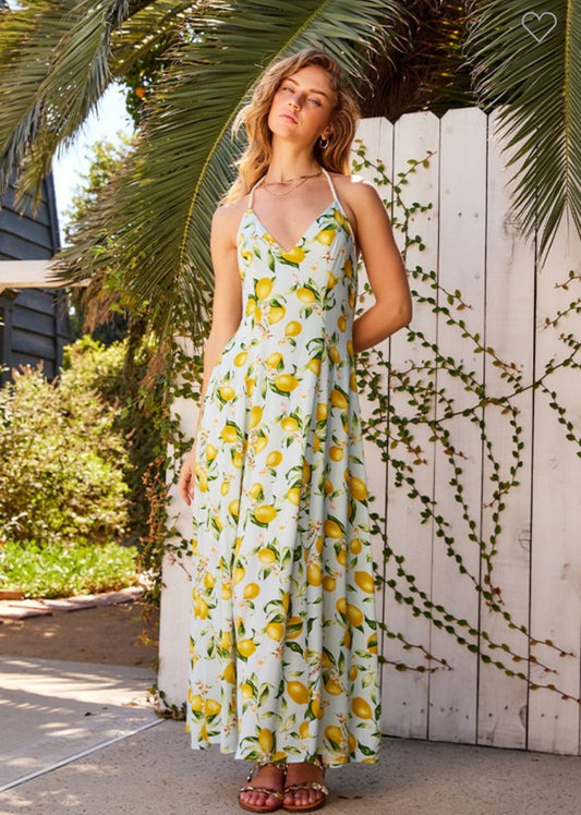 Summer Lemon Print Halter Maxi Dress