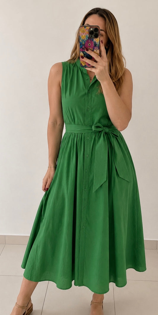 Anamaris Maxi Shirt Dress Kelly Green sleeveless belted women's maxi dress crinkle woven fabric